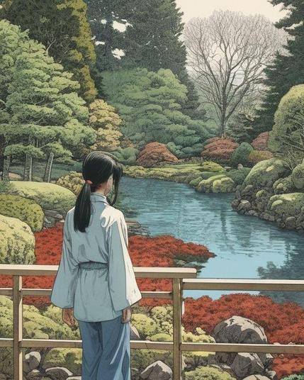 Model: RealVisXL V4.0
(manga hard line, graphic novel, hard shadow, wide color ink Jean Giraud Moebius illustration) a japanese garden in hokkaido in springtime, a japanese woman in the distant background, view from behind