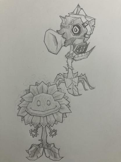 Pencil drawings of Toxic Pea and Fire Flower from plants vs zombies garden warfare 2