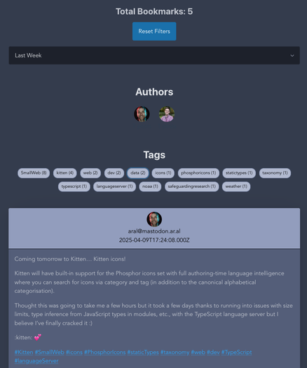 A user interface displaying a list of bookmarks with the title "Total Bookmarks: 5." It includes sections for "Authors" and "Tags," featuring various tags related to web development, TypeScript, and icons. A note mentions a project called "Kitten" that offers a tool for searching icons and adding tags.