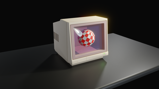 A lot poly model of an Amiga 1081 monitor with a red and white chequered ball bouncing out of the screen