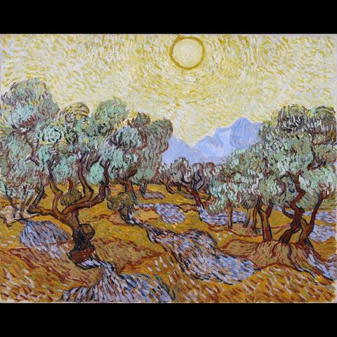 The painting is a vibrant representation of an olive grove. It features bold colors and visible brush strokes, characteristic of Van Gogh’s style. The sun casts warm tones over the scene, highlighting the lush greenery of the trees against a clear sky with mountains in the distance. This is a post-impressionist piece that showcases the artist’s distinctive use of color and light to convey emotion and atmosphere.