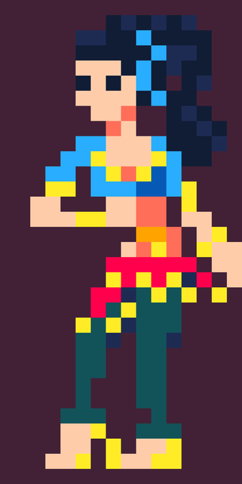Sprite art of Lotus from the Zero Escape series. She is a tall, light skinned woman with long, black hair. She is wearing a blue bellydance costume with gold bracelets, coin accents and a red hip scarf. She looks taken aback by something.