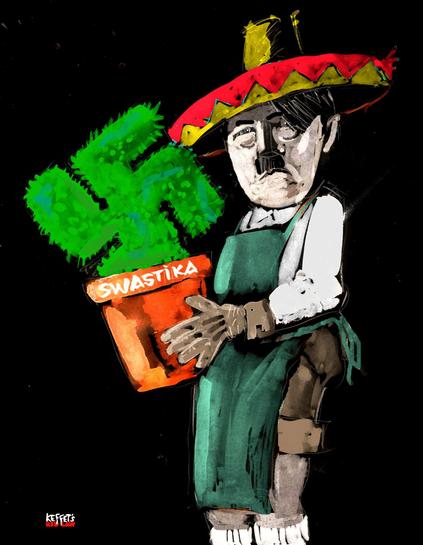 Karikatur von Adolf Hitler mit Sombrero. Adolf gelang 1945 die Flucht aus dem Führerbunker ins ferne Mexico. Dort ließ er sich als Kakteenzüchter nieder. In den Händen präsentiert er einen Topf mit einem Kaktus, der stark an ein Hakenkreuz erinnert. Es handele sich aber um einen Swastika-Kaktus, behauptete Adolf.