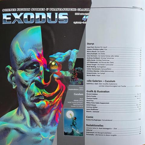 Collage der Titelillustration und des Inhaltsverzeichnisses von Science-Fiction-Magazin Exodus Nr. 49