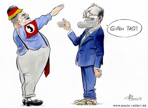 Karikatur. Ein Mann mit Malermütze in den Deutschlandfarben reckt den rechten Arm. Er trägt eine rote Krawatte und eine rote Armbinde mit aufgedrucktem schwarzen Pfeil. Ihm gegenüber steht Jens Spahn. Er hält dem Mann die Hand entgegen und spricht: "Guten Tag!" Spahn trägt goldfarbene Sneakers.