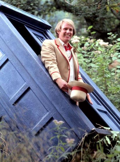 Peter Davison as the 5th Doctor and a very badly parked TARDIS from the Doctor Who story, 'Castrovalva.'