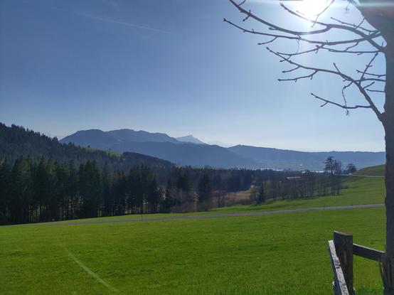 View from Raten to the west towards Zugerberg, Wildspitz, Rigi and, in the far background, the shadow of the Pilatus. Sky blue, no clouds. In the foreground a meadow und to the left a forest.