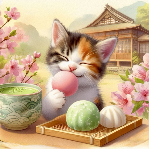 雨上がりの春の日、ツツジが咲く日本の茶屋で、団子を美味しそうに頬張る三毛の子猫。隣には抹茶が置かれている。