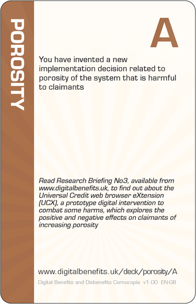 Image of the DBD Cornucopia Ace of Porosity card with text 'You have invented a new implementation decision related to porosity of the system that is harmful to claimants'