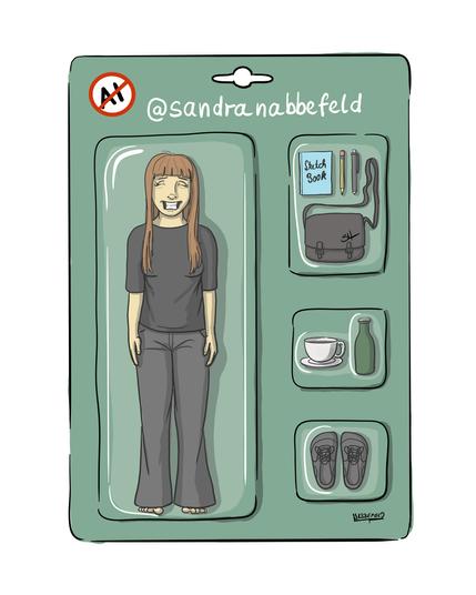 Ich als Actionfigur in einer Spielzeug-Verpackung, mit Accessoires, wie z.B einem Skizzenbuch, Stiften, Kaffeetasse, Bierflasche, ein Paar Minimalschuhe.
Aufschrift: ein durchgestrichenes AI Symbol und mein Name