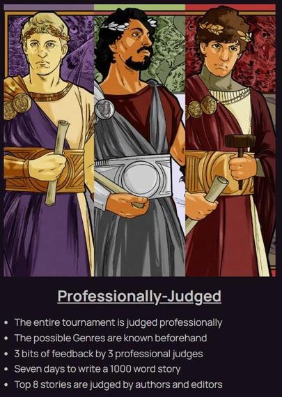 Three caricatures of high class ancient Romans, with a list of what to expect from the Writing Battle professionally judged competition.