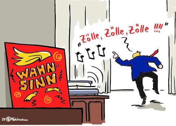Im Vordergrund die LP "Wahnsinn", mit Andeutungen von Trumps Frisur auf dem knallroten Cover. Im Hintergrund Trump von hinten, euphorisch tanzend und "Zölle, Zölle, Zölle" singend.