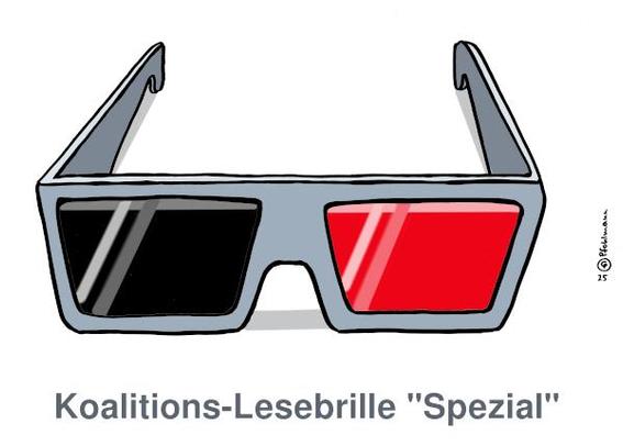 Eine Brille mit einem schwarzen Brillenglas und einem roten. Ähnelt den 3-D-Brillen im Kino. Unterzeile: "Koalitions-Lesebrille Spezial"