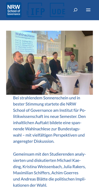 Foto des Panels Wahlnachlese der Bundestagswahl 2025, Universität Duisburg-Essen, mit  sechs Politikwissenschaftlerinnen und -wissenschaftlern