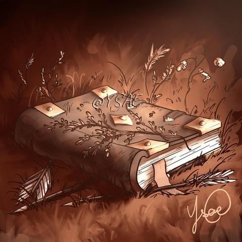 Dessin numérique représentant un manuscrit médiéval posé dans l'herbe avec quelques flèches.