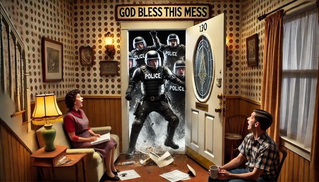 Thought Police crash through the door of a classic American household while the denizens within look on in shock and horror