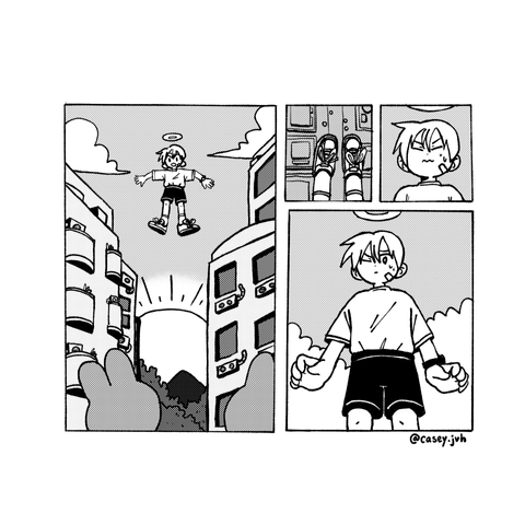 A 4 panel wordless manga about a boy's first flight.