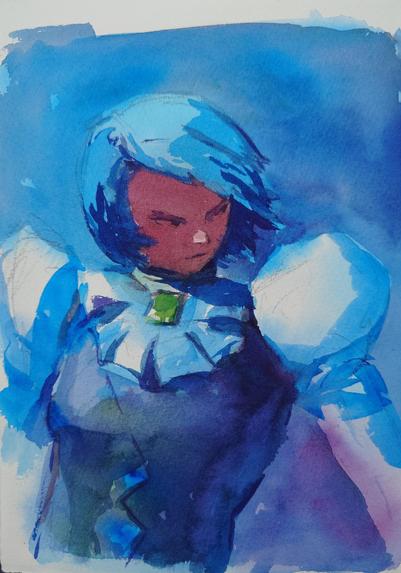 A watercolor sketch of Franziska von Karma from the Ace Attorney series. There's light coming from the top left and she's looking to the right