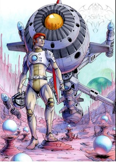 Captain-Future-Fan-Art von Samy Hadj Ammar: Zu sehen ist Future, er befindet sich auf einem Felsenplaneten und hat seinen Helm im der rechten Hand. Im Hintergrund ist die COMET zu sehen.