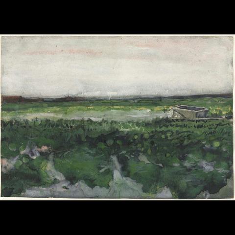 This is an impressionist painting depicting a rural landscape. The sky is overcast with hues of gray, blue, and red, suggesting either dawn or dusk. The ground appears to be wet from recent rain, as indicated by the reflections of light on the surface. A dilapidated structure can be seen in the distance, adding a sense of neglect or abandonment to the scene. The color palette is dominated by greens and browns, with occasional blues and reds accentuating certain areas for emphasis. Van Gogh’s signature swirling brushstrokes are visible throughout the piece, contributing to its abstract quality despite its realistic subject matter. The overall effect is one of a tranquil yet desolate rural scene captured through an impressionist lens.