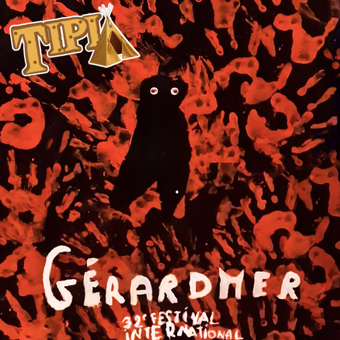 Image d'un dessin fait par des enfants sur le thème de l'affiche officielle du festival du film de Gérardmer 2025, avec un monstre noir aux yeux blancs au milieu et des empreintes de mains oranges éparpillées partout sur fond noir, ainsi que le logo de Tipi et le texte "Gérardmer 32e festival international"