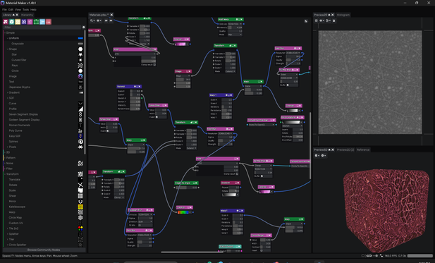 UI of the software "MaterialMaker" showcasing a mess of nodes, connected in all sorts of ways, and two organic textures, one showcasing the nerving systems of a leaf, and another one showing a procedural attempt at getting some nerve system with random noise
