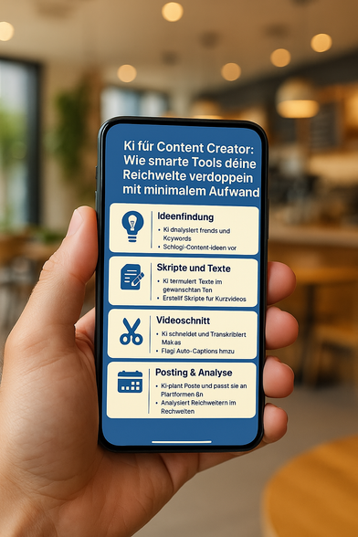 KI Tools für Content Creator
Ideenfindung, Skripte und Texte, Videoschnitt, Posting und Analyse