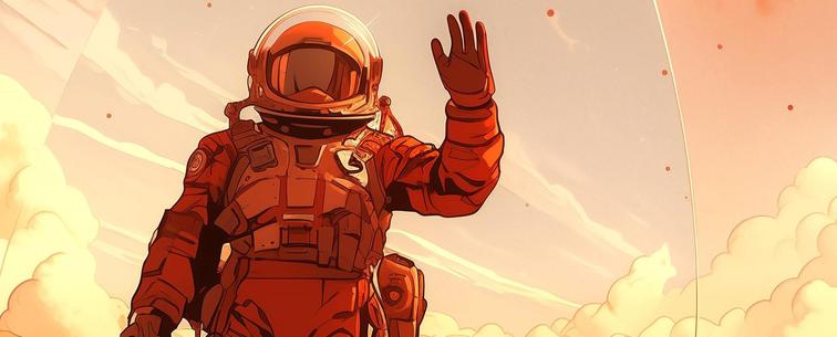 Martian astronaut waves to the camera