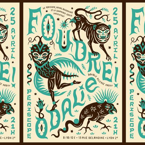 Affiche de concert pour le groupe Foudre et Odalie illustrée aves différentes chimères