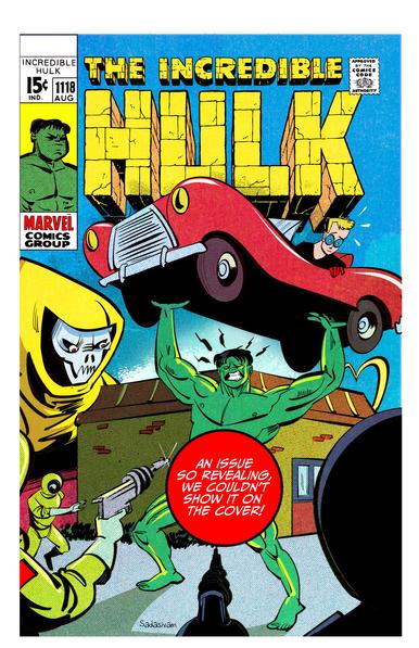 Hulk holds up a car with his hands, with a young man looking surprised. Hulk is surrounded by baddies, with a cover blurb covering his pelvis that reads: “An issue so revealing, we couldn’t show it on the cover!”