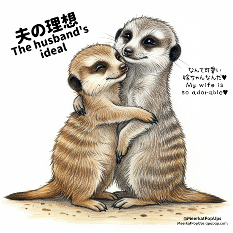 画像には、二匹のミーアキャットが寄り添い、抱き合っている様子が描かれています。右側のミーアキャットは目を閉じ、左側のミーアキャットに顔を近づけています。左側のミーアキャットは少し微笑んでいるように見えます。二匹とも縞模様の体毛を持ち、温かい雰囲気で互いを抱擁しています。これはAI生成画像です。
The image depicts two meerkats closely embracing each other. The meerkat on the right has its eyes closed and is nuzzling the face of the meerkat on the left. The meerkat on the left appears to be slightly smiling. Both have striped fur and are holding each other in a warm embrace. This is an AI-generated image.