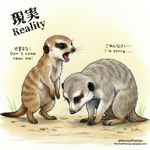 画像には、二匹のミーアキャットが描かれています。左側のミーアキャットは口を大きく開け、右側のミーアキャットの方を向き、怒っているような表情をしています。右側のミーアキャットは少し体を縮こまらせ、悲しそうな表情をしています。
The image shows two meerkats. The meerkat on the left has its mouth wide open and is facing the meerkat on the right with an angry expression. The meerkat on the right appears slightly hunched over, with a sad expression. This is an AI-generated image.