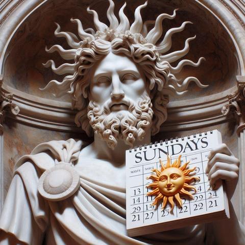 Estatua del dios Elios sosteniendo un kalendario kon un sol. Jenerada kon Bing