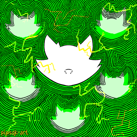 Green ID: A zen tangle featuring several canine heads, one larger in the center surrounded by five smaller ones. Outlines of the heads seem to emenate outward creating trippy patterns. This version has a bright green background with black lines. The head in the center is colored in white and several yellow bolts of lightning streak across the page. The white color of the other heads are all off center in random directions. End ID.