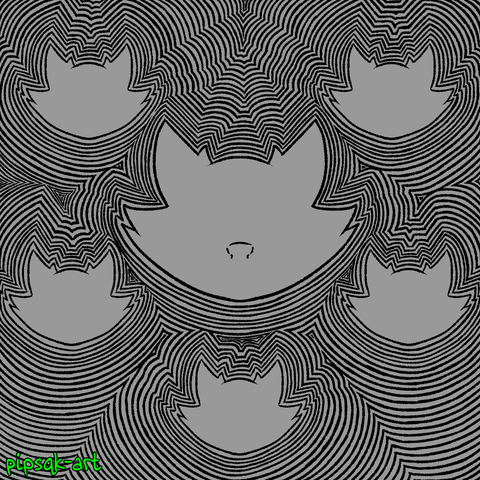 Grey ID: A zen tangle featuring several canine heads, one larger in the center surrounded by five smaller ones. Outlines of the heads seem to emenate outward creating trippy patterns. This version has a grey background with black lines. End ID.