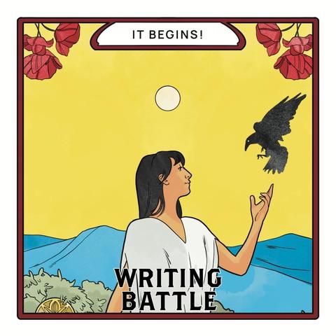 Writing Battle Raven flies into a woman's hand. Header reads: It Begins