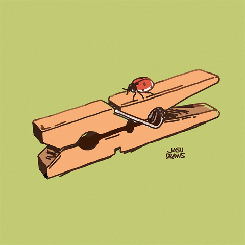 A drawing of a ladybug climbing on top of a clothespin.