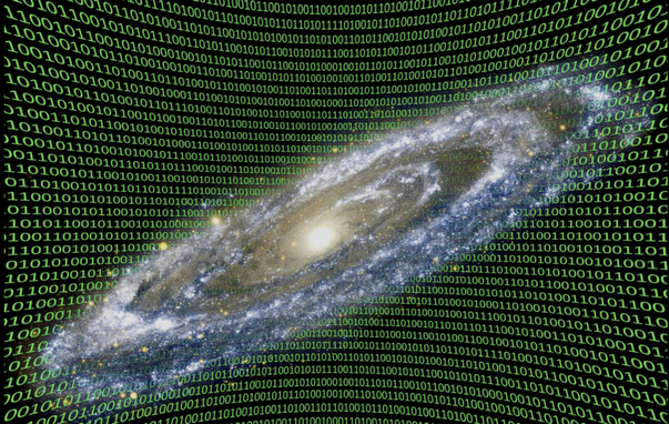 image of the andromeda galaxy with a sequence of 0-1 bitwise information in the background