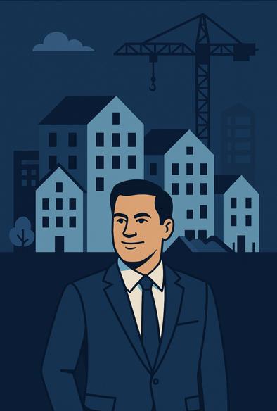 Illustration of a confident businessman in a navy blue suit standing in front of multiple multifamily residential buildings, some of which are under construction. A large crane towers in the background, symbolizing development. The scene uses a modern flat design with cool blue tones, conveying themes of real estate, urban growth, and strategic leadership.
