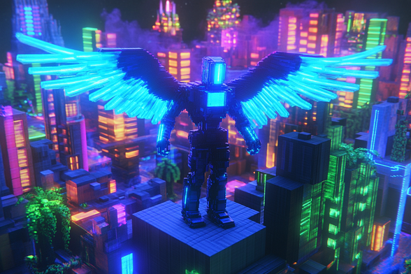 A blue play robot with open wings stands in a vibrant metaverse world, surrounded by neon-lit digital landscapes and floating holographic elements, capturing the essence of a futuristic virtual reality.