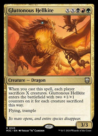 Card Name: Gluttonous Hellkite
Set: Modern Horizons 3 Commander
Description: When you cast this spell, each player sacrifices X creatures. This creature enters with two +1/+1 counters on it for each creature sacrificed this way.
Flying, trample
Artist: Josiah "Jo" Cameron