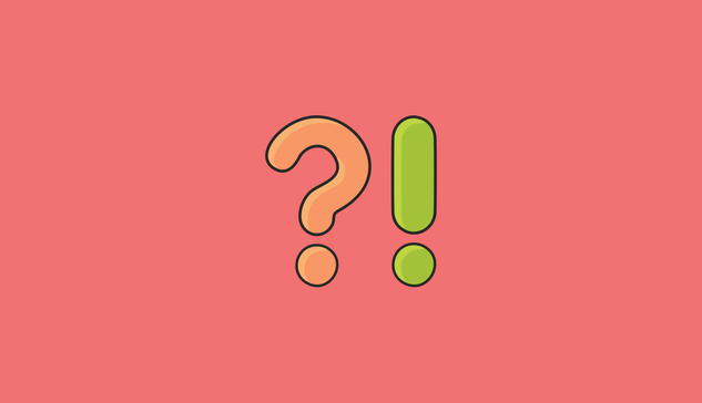 A large question mark in two shades of orange  and a large exclamation mark is in two shades of green. Both sit on a bright pink background.