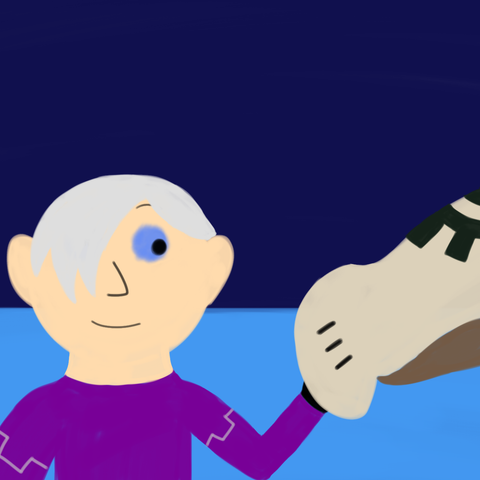 Drawing of Liam on Lyoko putting his left hand on the tarantula and looking at it and the tarantula is looking at Liam and is rather calm