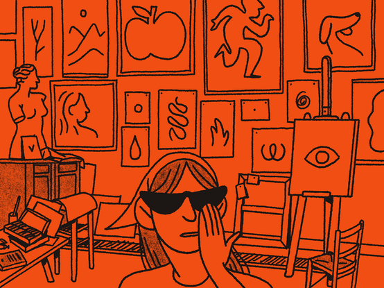 illustration à la ligne clair sur fond rouge d'une femme avec des lunettes noires dans un atelier d'artiste. les murs sont recouverts de peinture et de dessin