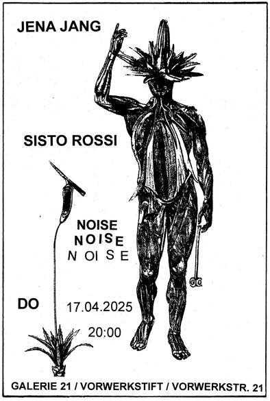 concert flyer for the Jena Jang/Sisto Rossi show at Vorwerkstift. Uses a black and white reproduction of a Max Ernst collage (a man who has something like a blooming plant as a head) from Un Semaine De Bonté