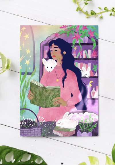 Print illustration sorcière aux lapins