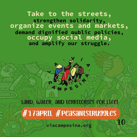 (EN) 🌾 #17April International Day of #PeasantStruggles  🌍✊🏽 Land, Water & Territories for Life! #17April2025 👉 https://viacampesina.org/en/2025/03/17-april-2025-international-day-of-peasant-struggles-call-to-action  (ES) 🌾 #17Abril Dia Internacional de las #LuchasCampesinas  🌍✊🏽 Tierra, Agua y Territorios para la Vida! #17Abril2025 👉 https://viacampesina.org/es/17-de-abril-2025-dia-internacional-de-las-luchas-campesinas-llamado-a-la-accion  (FR) 🌾 #17avril Journée Internationale des #LuttesPaysannes 🌍✊🏽 Terre, Eau et Territoires pour la Vie! #17avril2025 👉 https://viacampesina.org/fr/17-avril-2025-journee-internationale-des-luttes-paysannes-appel-a-laction  #PeasantStruggles #UNDROP #PeasantsRights  #FoodSovereignty #PeasantAgroecology