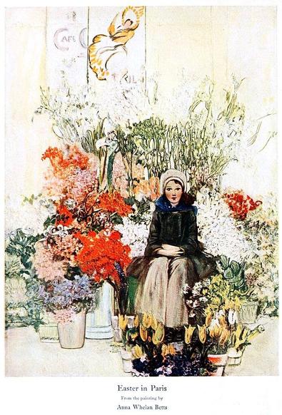 Painting of a young woman sitting in the mid of flowers