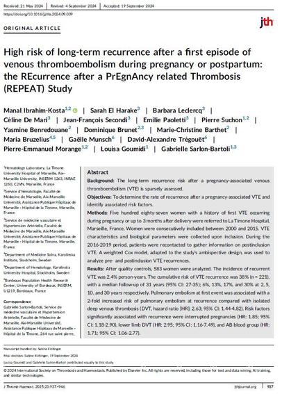 Première page de la publication scientifique de l’étude REPEAT (REcurrence after a PrEgnAncy related Thrombosis), avec les noms des auteurs, le résumé et les affiliations.