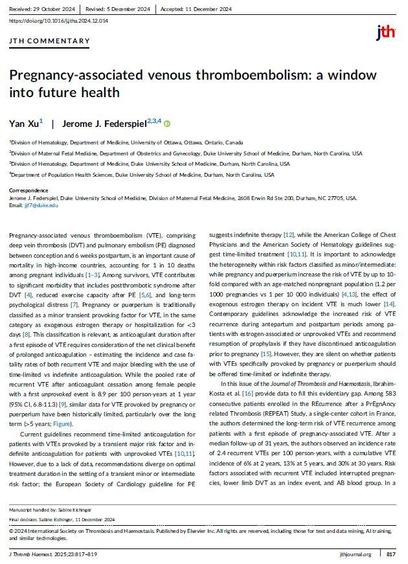 Capture d’écran de l’éditorial scientifique "Pregnancy-associated venous thromboembolism: a window into future health", publié dans le Journal of Thrombosis and Haemostasis en décembre 2024.